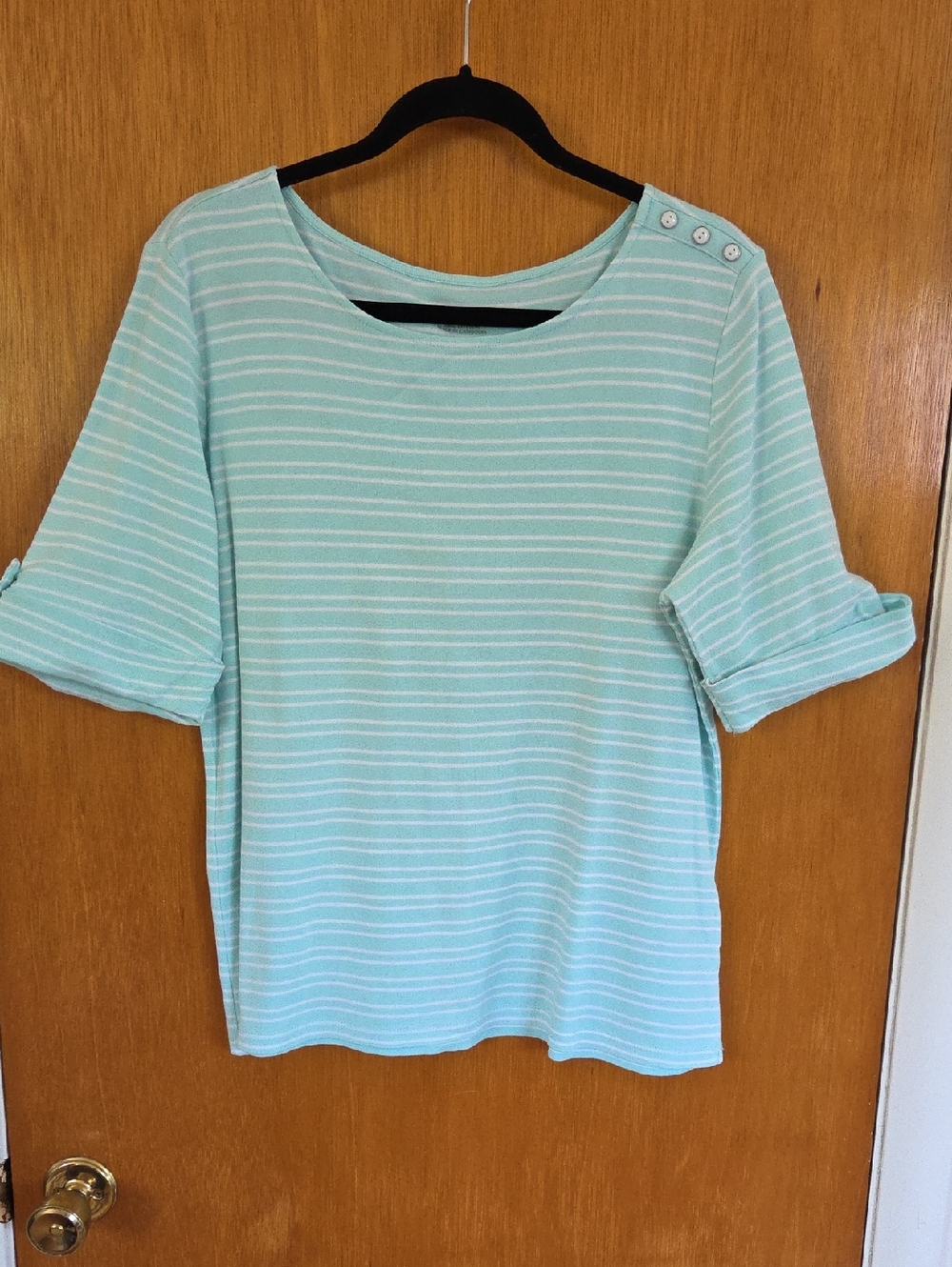 Christopher & Banks Mint Striped Short Sleeve Boatneck Top with Shoulder Buttons